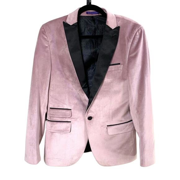 Retro Paris Velvet Blazer Pink Blush Black Satin Lapel Slim Fit 38S Formal - Picture 2 of 10